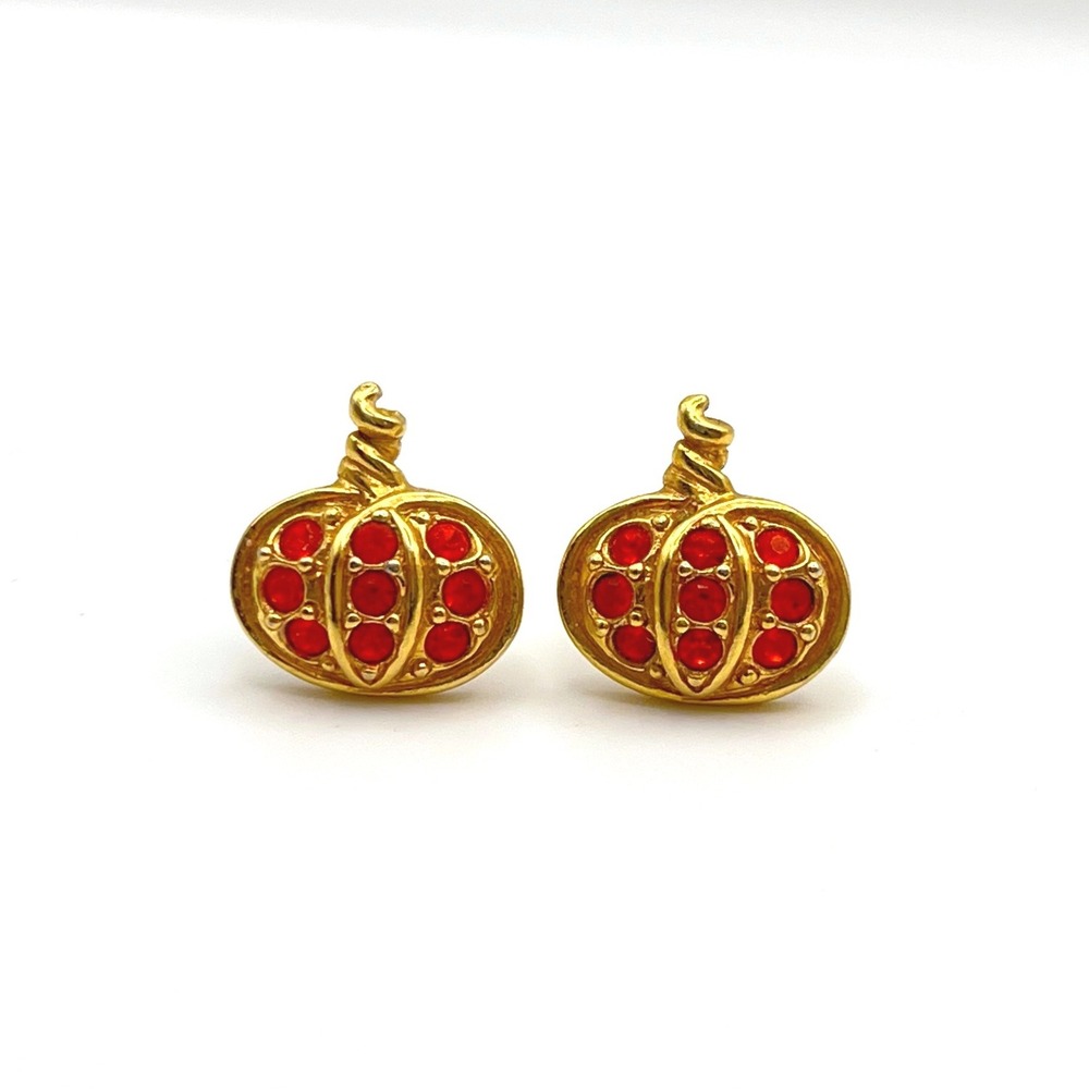 Avon Vintage Gold‎ Tone Red Rhinestone Pumpkin Stud Earrings Fall Halloween